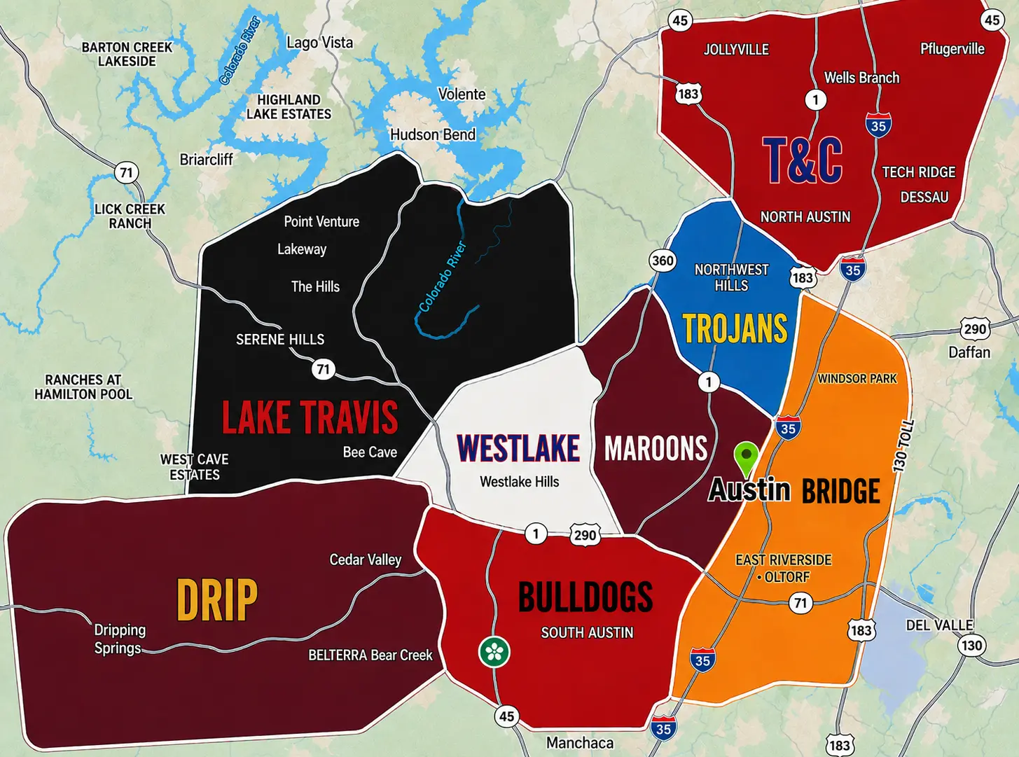 Approximate map of Austin-area girls lacrosse community programs